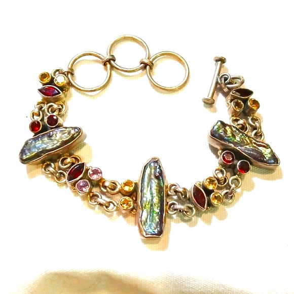 🌸 Sterling Silver Bracelet Baroque Pearl Garnet Citrine Amethyst Toggle Vintage